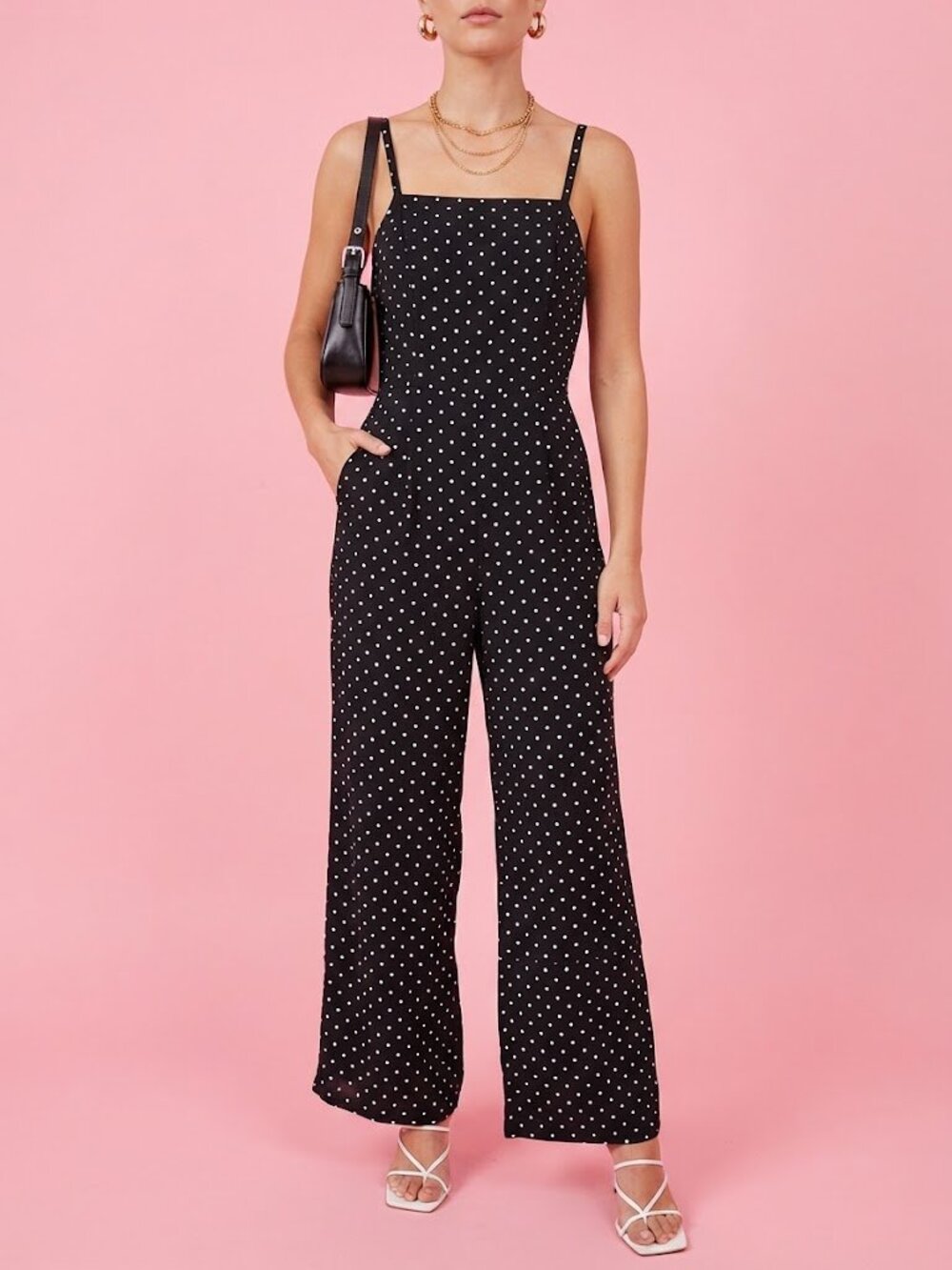 Black & White Polka Dot Square Neck Jumpsuit with Adjustable Straps and Pockets
